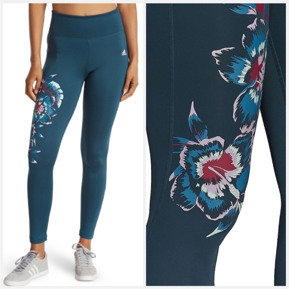Adidas x FARM Rio Feelbrilliant AEROREADY High-Rise Leggings Small Teal Floral